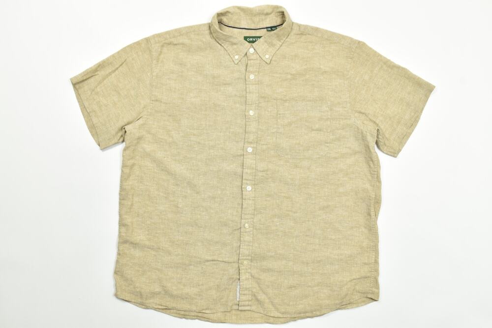 Orvis Shirt Men XXL Classic Fit Linen Blend Button Down Short Sleeve Tan Khaki